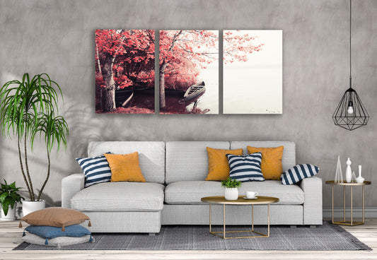 3 Set of Boat on Lake Near Pink Forest Photograph High Quality Print 100% Australian Made Wall Canvas Ready to Hang