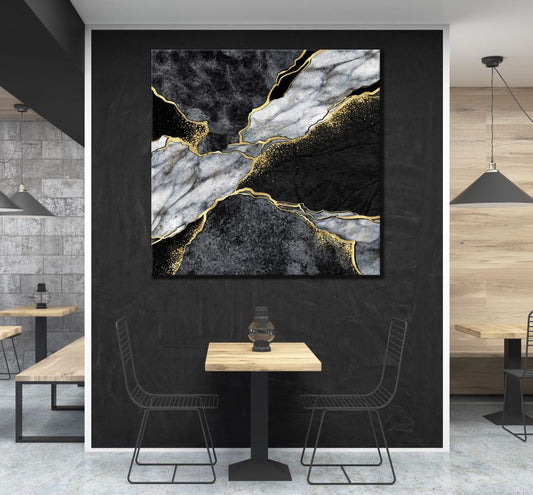 Square Canvas Black, White & Gold Abstract Design High Quality Print 100% Australian Made