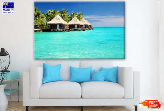Stunning Beach with Resort On Wooden Pier Print 100% Australian Made