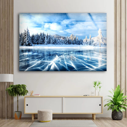 Snow Covered Forest & Frozen Lake Photograph Acrylic Glass Print Tempered Glass Wall Art 100% Made in Australia Ready to Hang