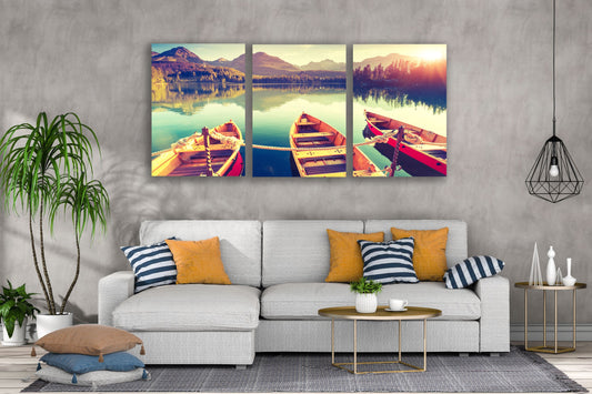 3 Set of Boats on Lake & Forest View Photograph High Quality Print 100% Australian Made Wall Canvas Ready to Hang