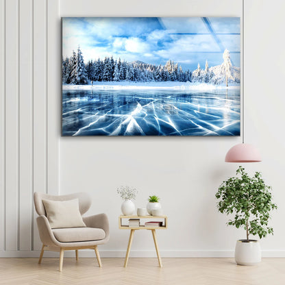 Snow Covered Forest & Frozen Lake Photograph Acrylic Glass Print Tempered Glass Wall Art 100% Made in Australia Ready to Hang