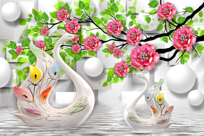 Wallpaper Murals Peel and Stick Removable 3D Swans & Floral Design High Quality