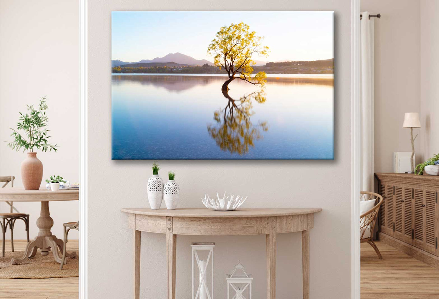 Bella Home Yellow Tree in Lake & Sunset View Print Canvas Ready to hang