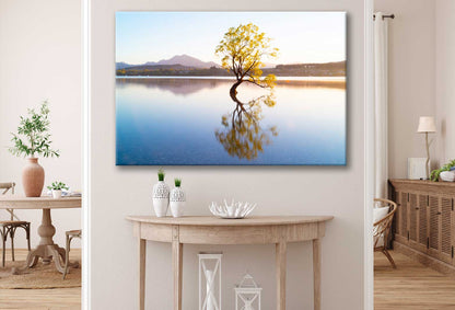 Bella Home Yellow Tree in Lake & Sunset View Print Canvas Ready to hang