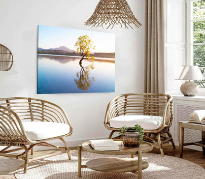Bella Home Yellow Tree in Lake & Sunset View Print Canvas Ready to hang