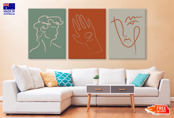 3 Set of Line Art Face Designs High Quality print 100% Australian made wall Canvas ready to hang