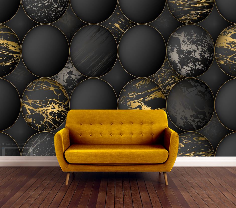 Wallpaper Murals Peel and Stick Removable Black & Gold Circle Abstract Design High Quality