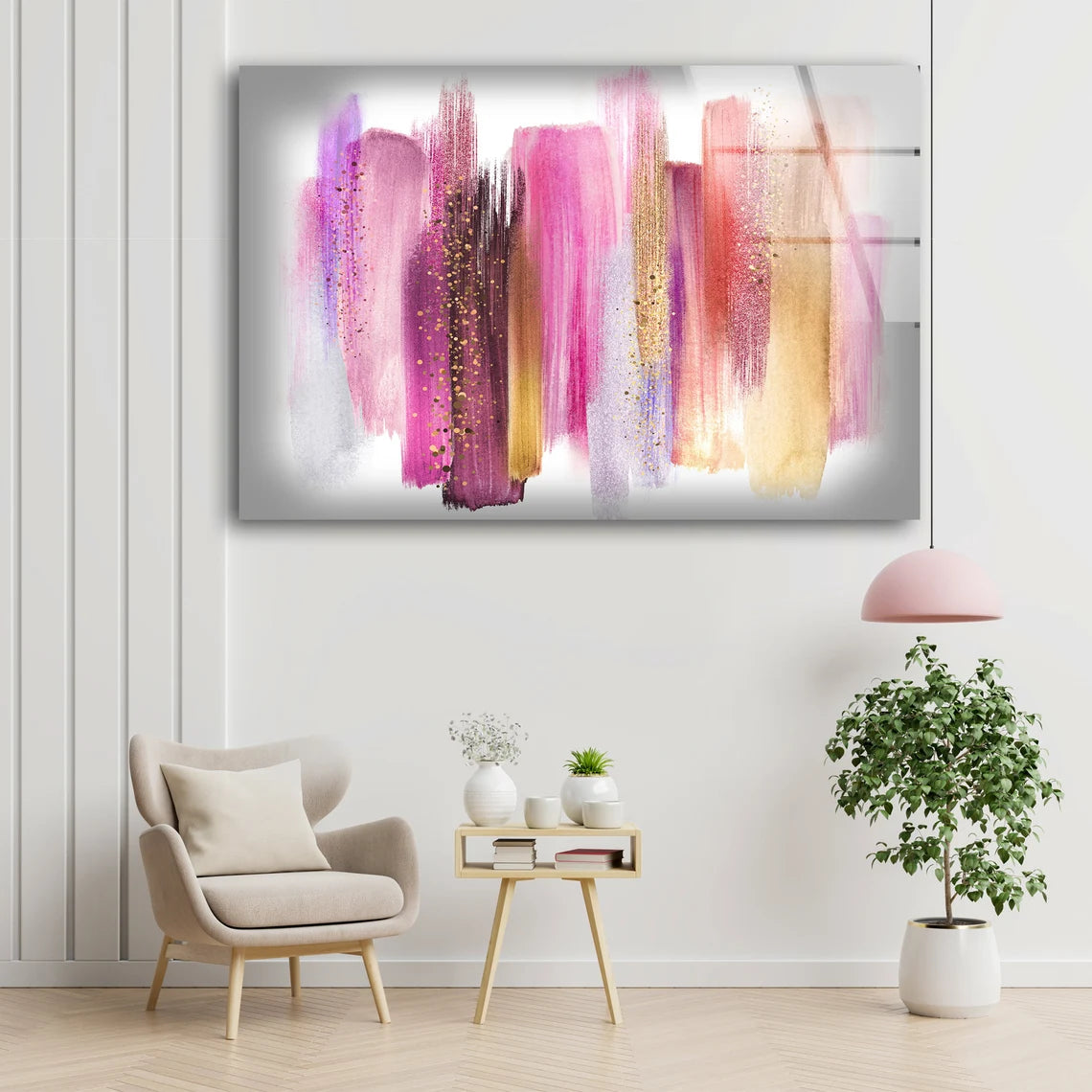 Pink Brown & Gold Abstract Paint Stripes Design Acrylic Glass Print Tempered Glass Wall Art 100% Made in Australia Ready to Hang