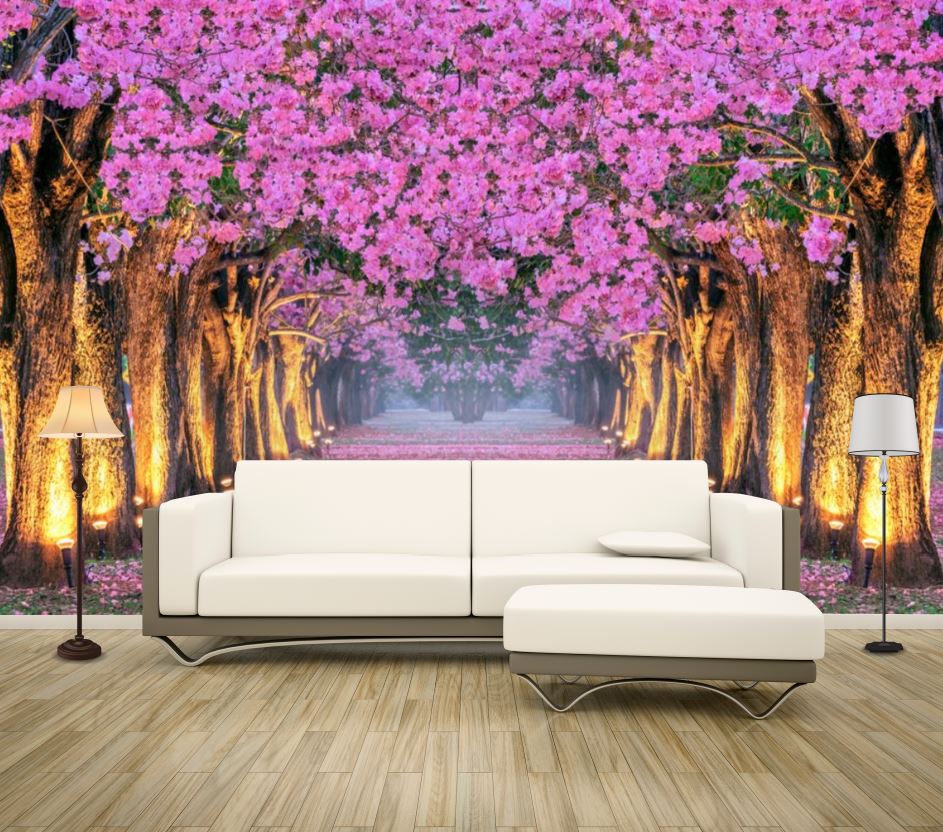 Wallpaper Murals Peel and Stick Removable Pink Flower Tree Road Photograph High Quality