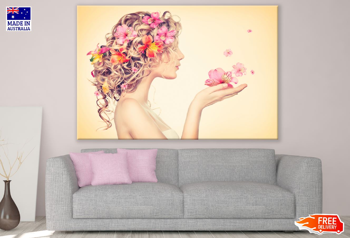 Girl Takes Flowers in Her Hands Digital Art Print 100% Australian Made