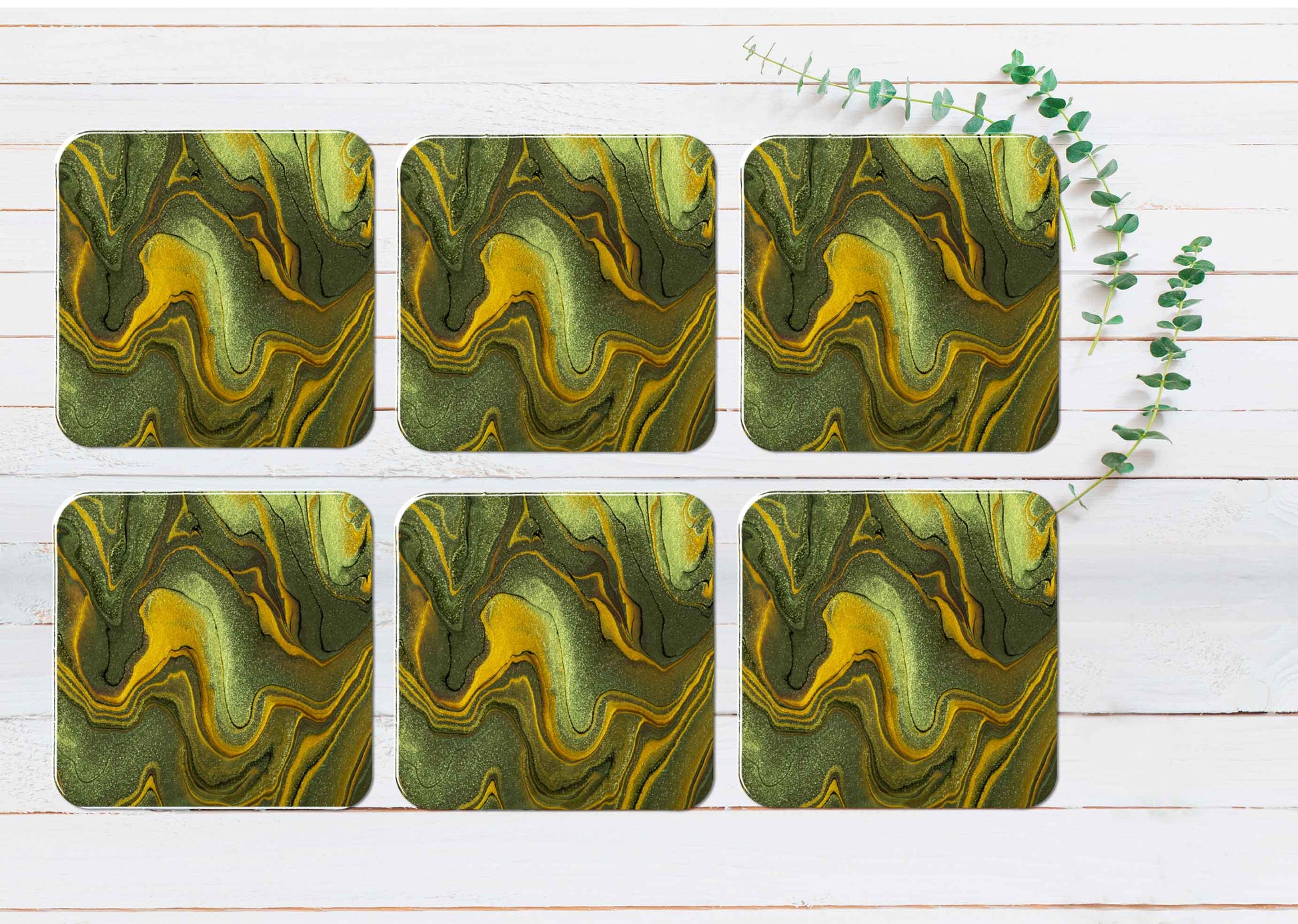 Green Yellow Gold Splash Abstract Coasters Wood & Rubber - Set of 6 Coasters