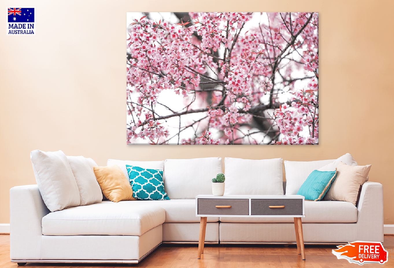 White Pink Prunus Flowers Branch Photograph Print 100% Australian Made