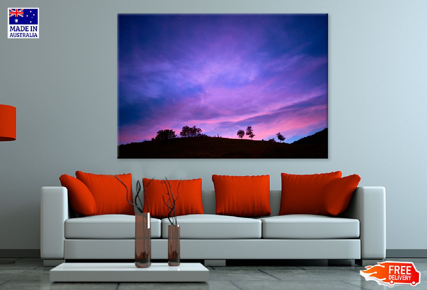 Trees on Hill Purple Sunset Sky Scenery Photograph Print 100% Australian Made