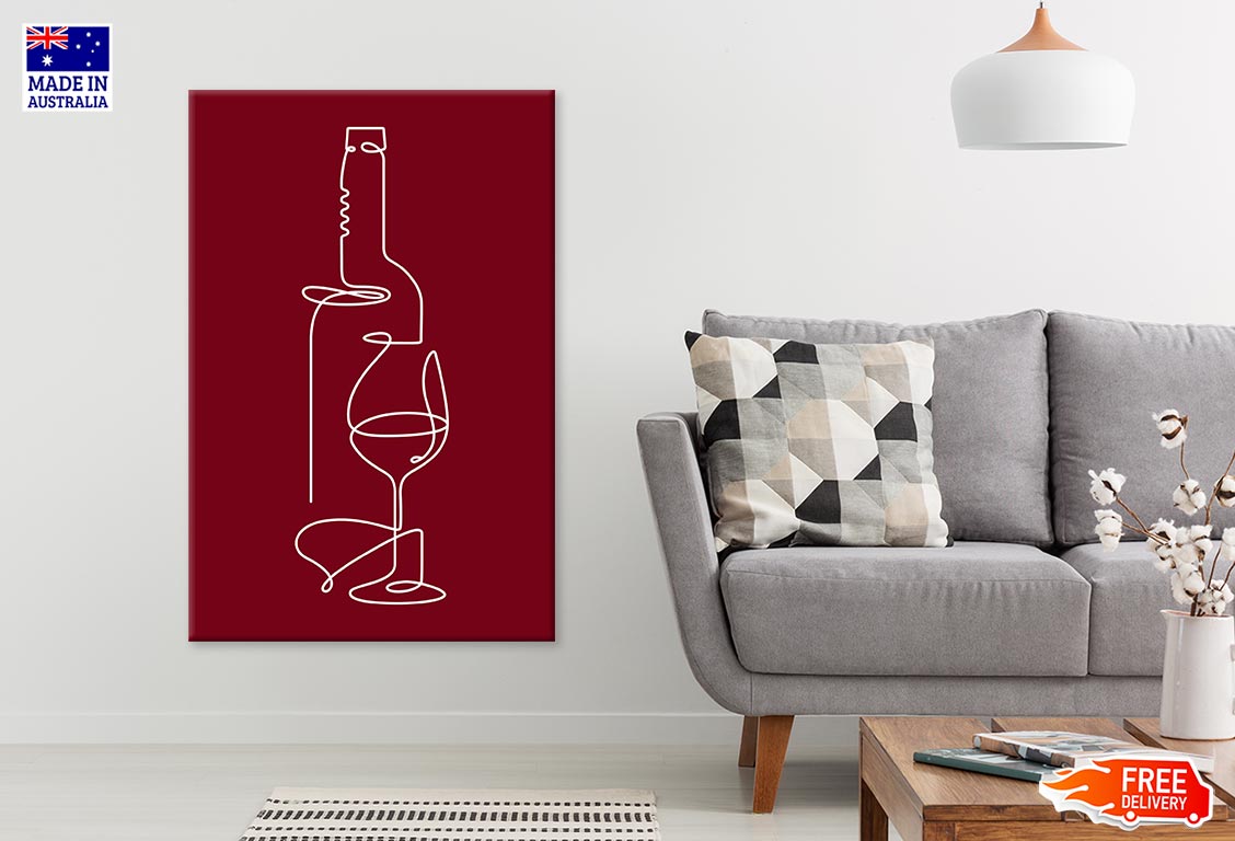 Wine Bottle & Glass Maroon White Line Art Print 100% Australian Made