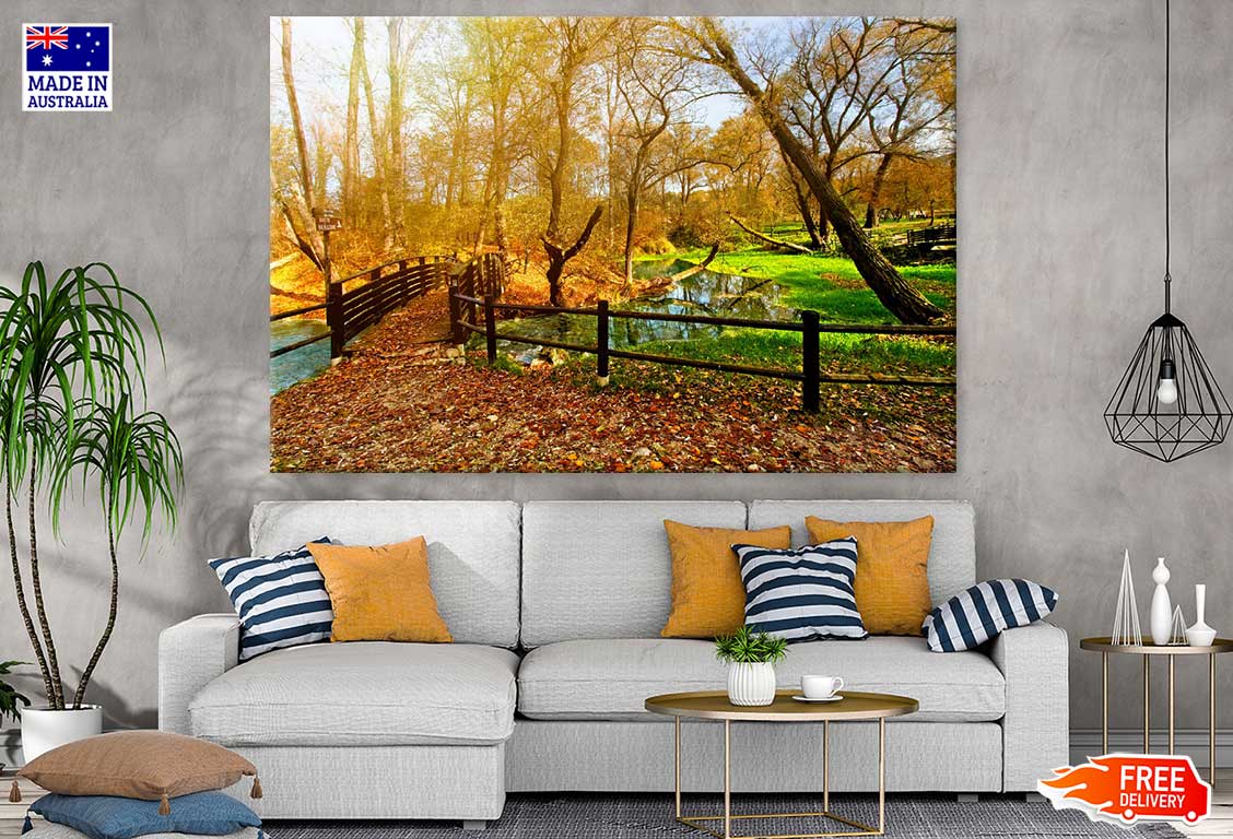 Bridge Over River in Autumn Tree Park Photograph Print 100% Australian Made