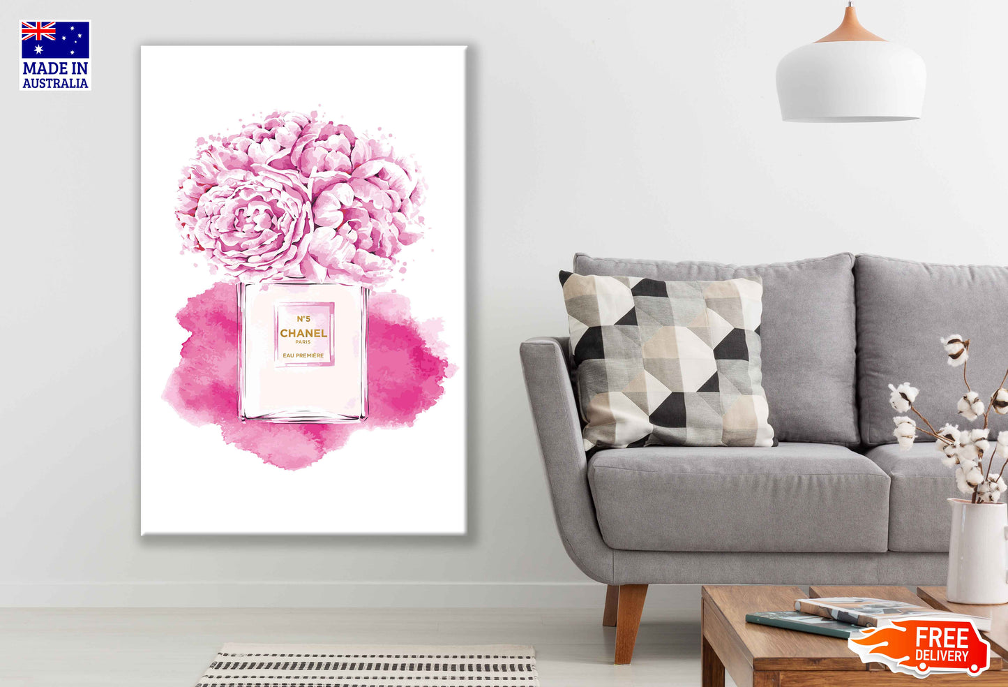 Pink Peony Flowers & Perfume Bottle Watercolor Painting Print 100% Australian Made