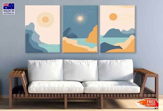3 Set of Sea Sky Mountain Vector Illustration High Quality Print 100% Australian Made Wall Canvas Ready to Hang