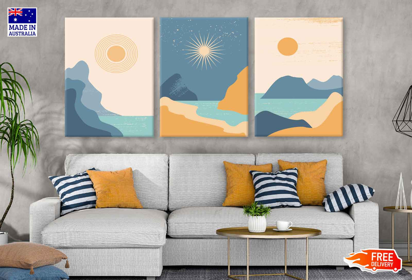 3 Set of Sea Sky Mountain Vector Illustration High Quality Print 100% Australian Made Wall Canvas Ready to Hang