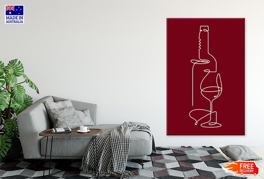 Wine Bottle & Glass Maroon White Line Art Print 100% Australian Made