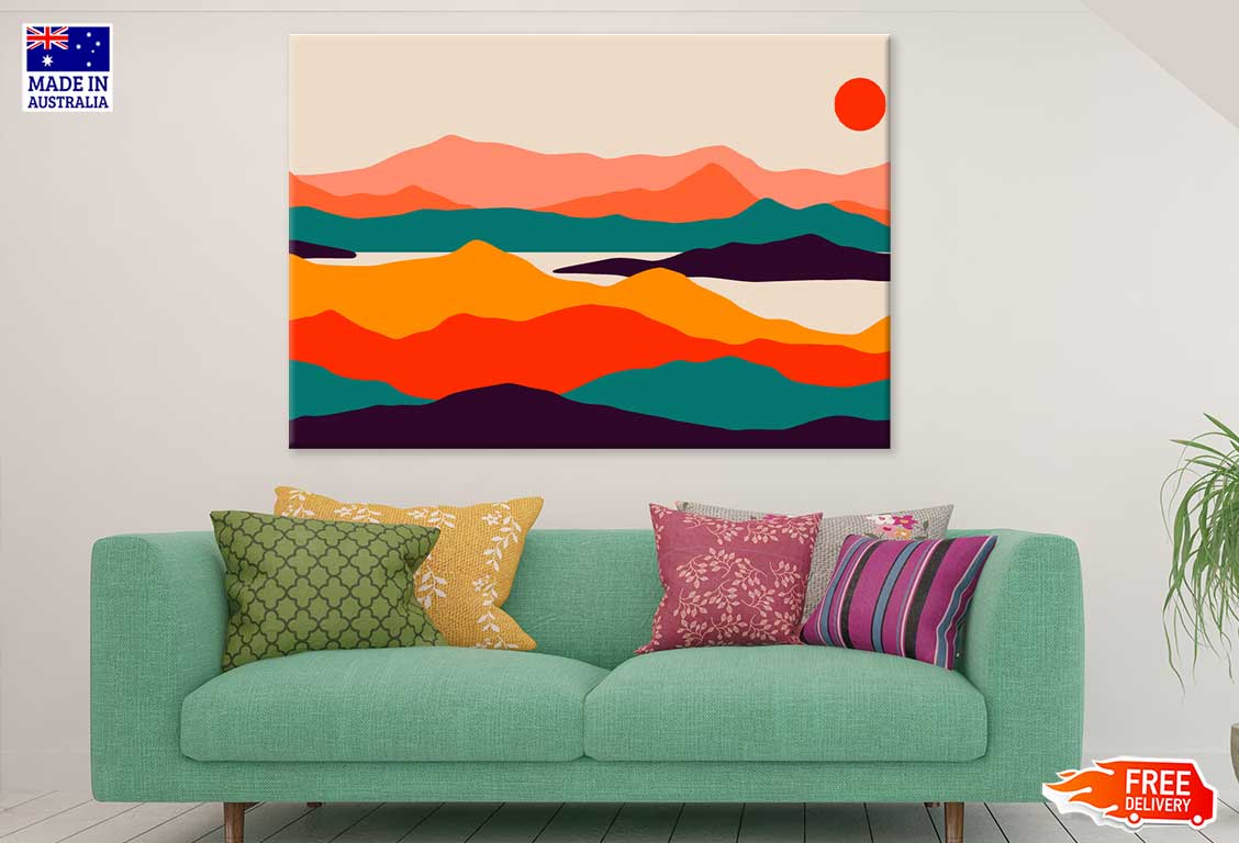 Sun & Multicolor Mountains Vector Design Print 100% Australian Made