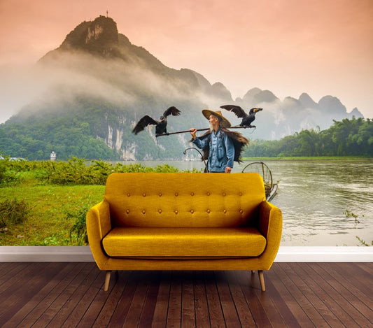 Wallpaper Murals Peel and Stick Removable A Traditional Fisherman on the Li River Yangshuo, China High Quality