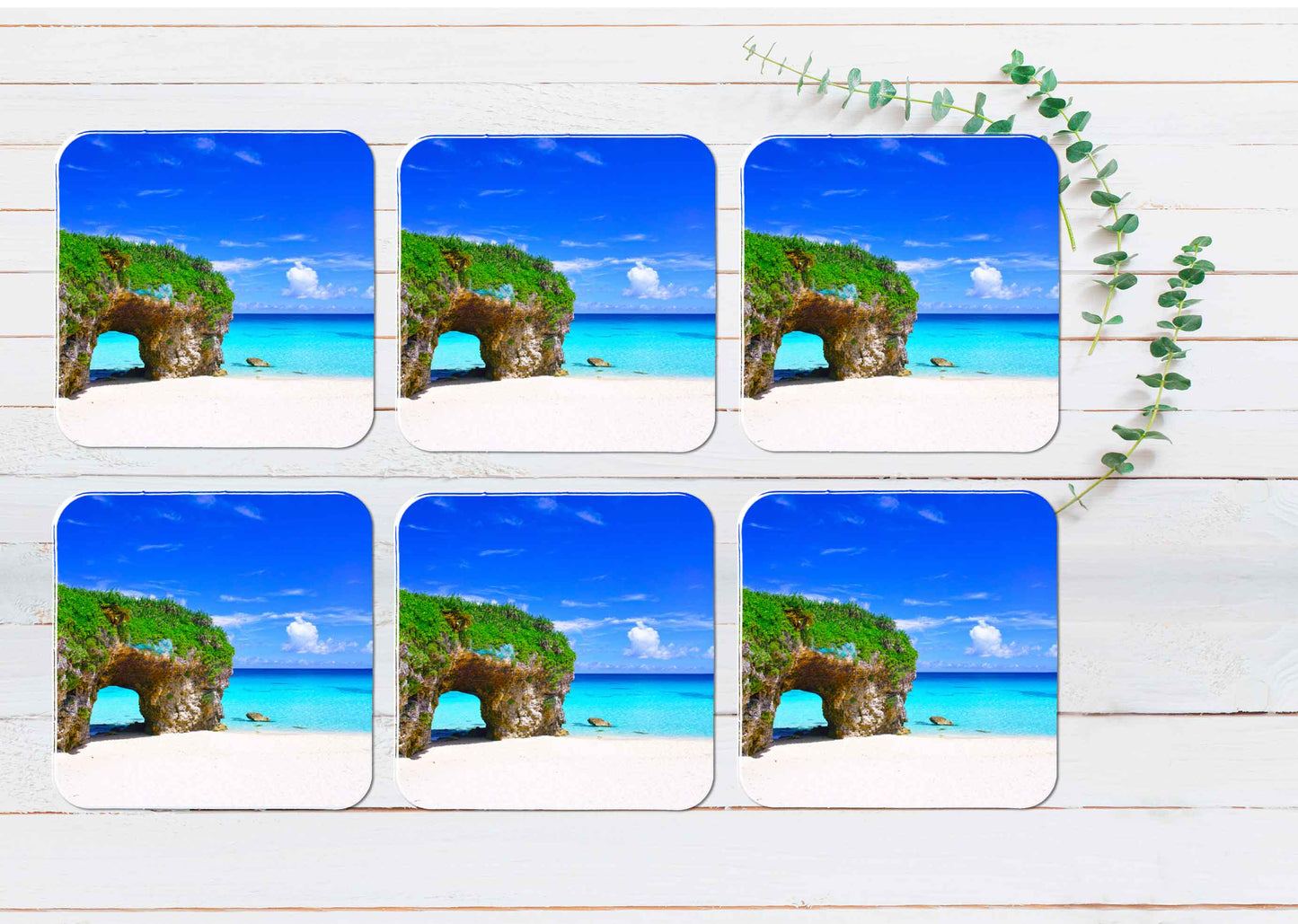 Mossy Cliff near Sandy Sea & Blue Sky Coasters Wood & Rubber - Set of 6 Coasters