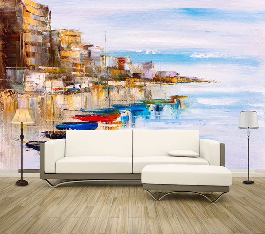 Wallpaper Murals Peel and Stick Removable Bay with Boats & Buildings Painting High Quality