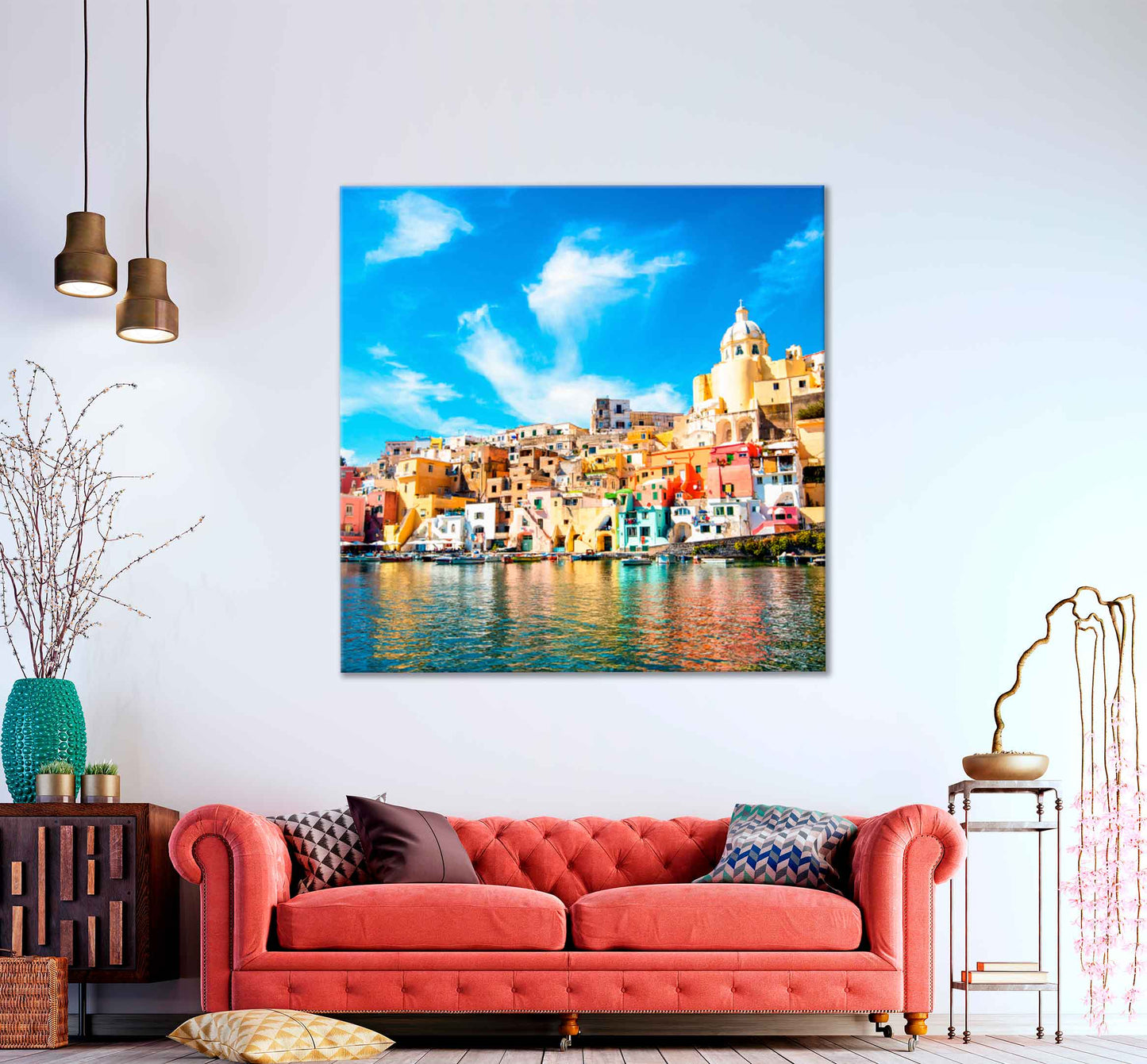 Square Canvas Colorful Island Near Naples & Small Houses High Quality Print 100% Australian Made