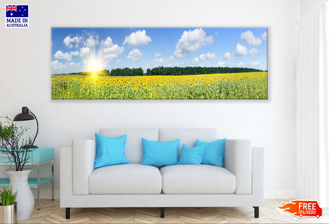 Panoramic Canvas Sunflower Field Sunlight View Photograph High Quality 100% Australian Made Wall Canvas Print Ready to Hang