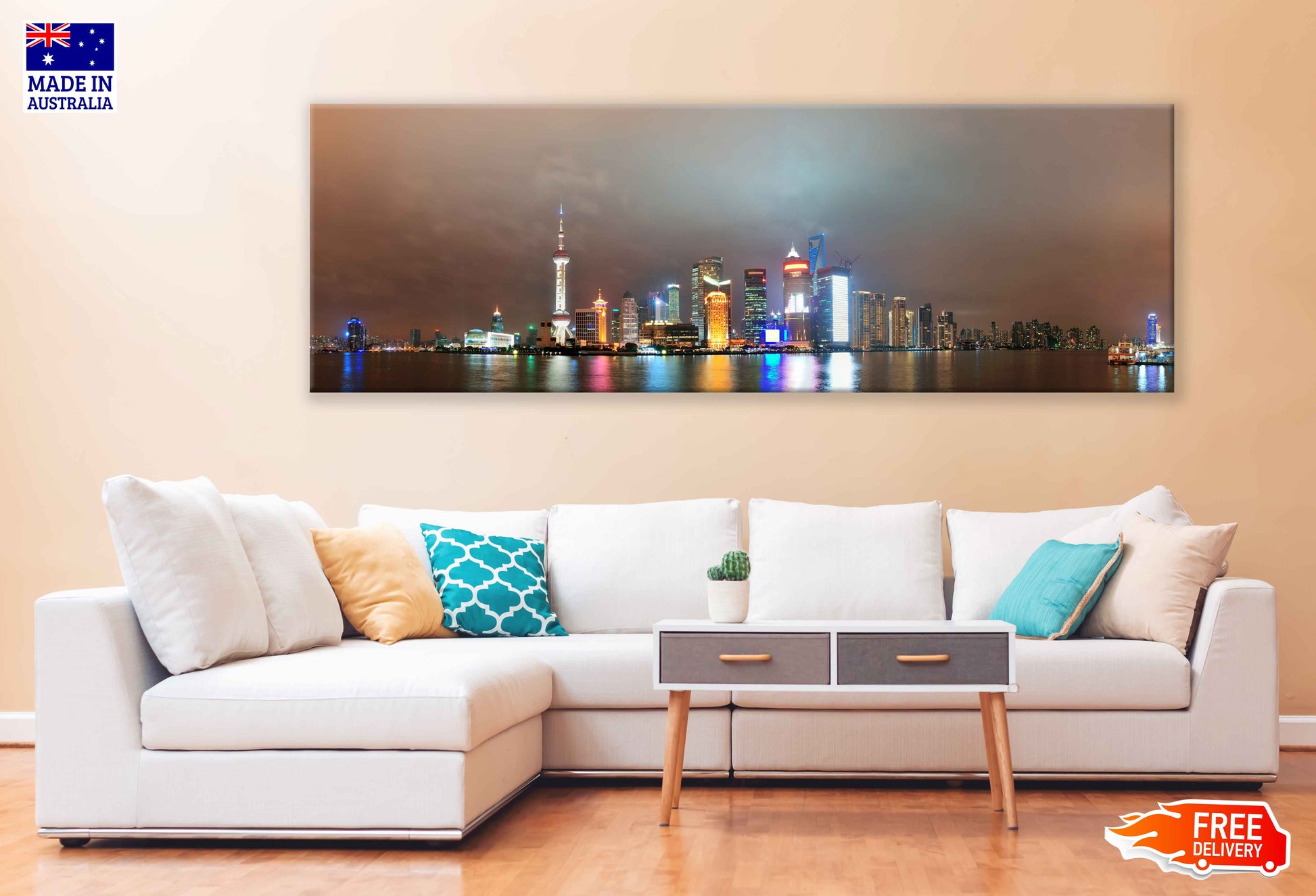 Panoramic Canvas Shanghai Night River & City Night View High Quality 100% Australian Made Wall Canvas Print Ready to Hang