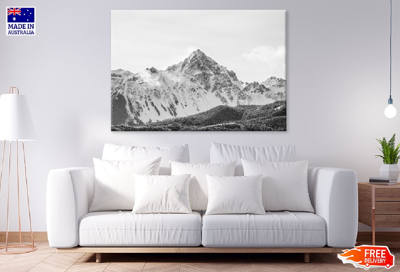 Snow Mountains Cloudy Sky B&W Photograph Print 100% Australian Made