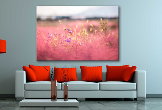 Bella Home Pink Grass Field Scenery View Print Canvas Ready to hang