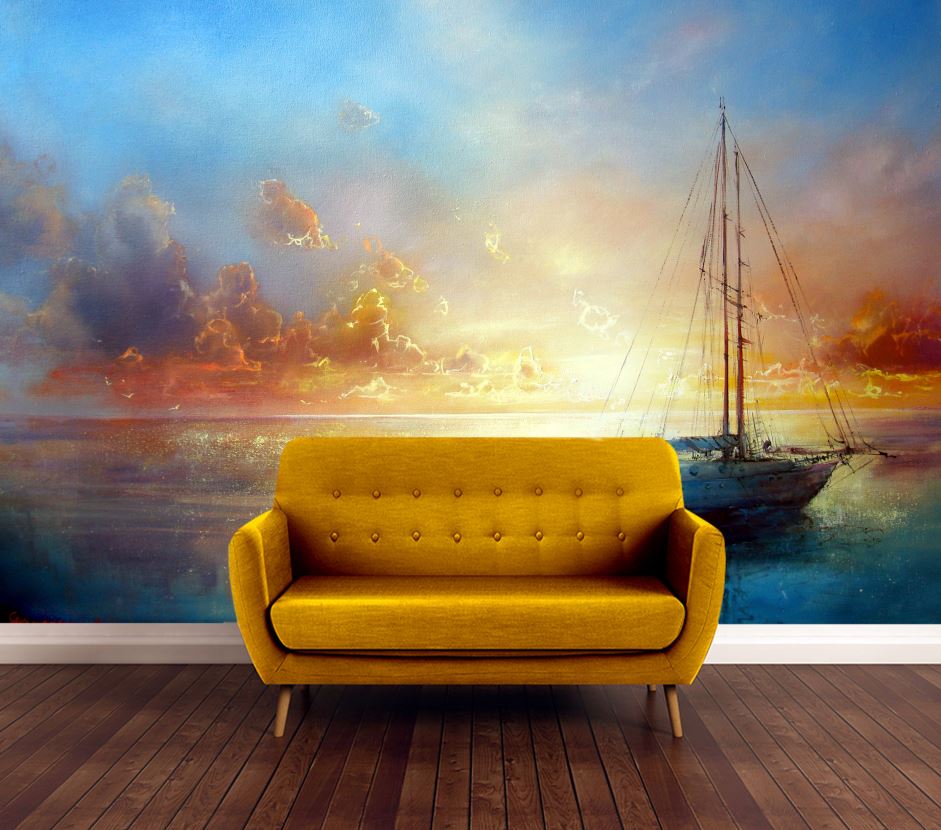 Wallpaper Murals Peel and Stick Removable Boat & Beach Watercolor Painting High Quality