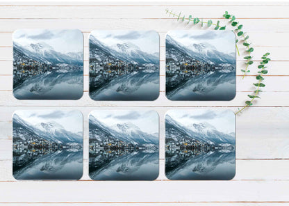 Norway Lake With Snow Coasters Wood & Rubber - Set of 6 Coasters