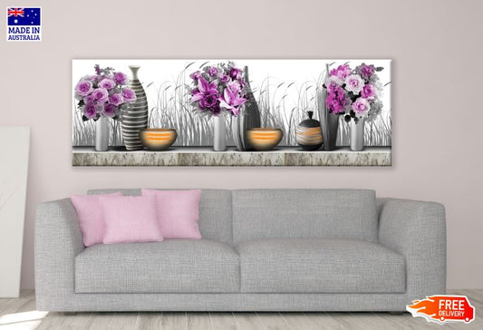 Panoramic Canvas Pink & Purple Flower Vases Digital Art High Quality 100% Australian Made Wall Canvas Print Ready to Hang