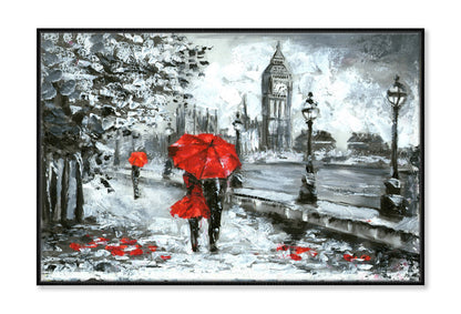 Red Umbrella Couple & Big Ben B&W Oil Painting Wall Art Limited Edition High Quality Print Canvas Box Framed Black