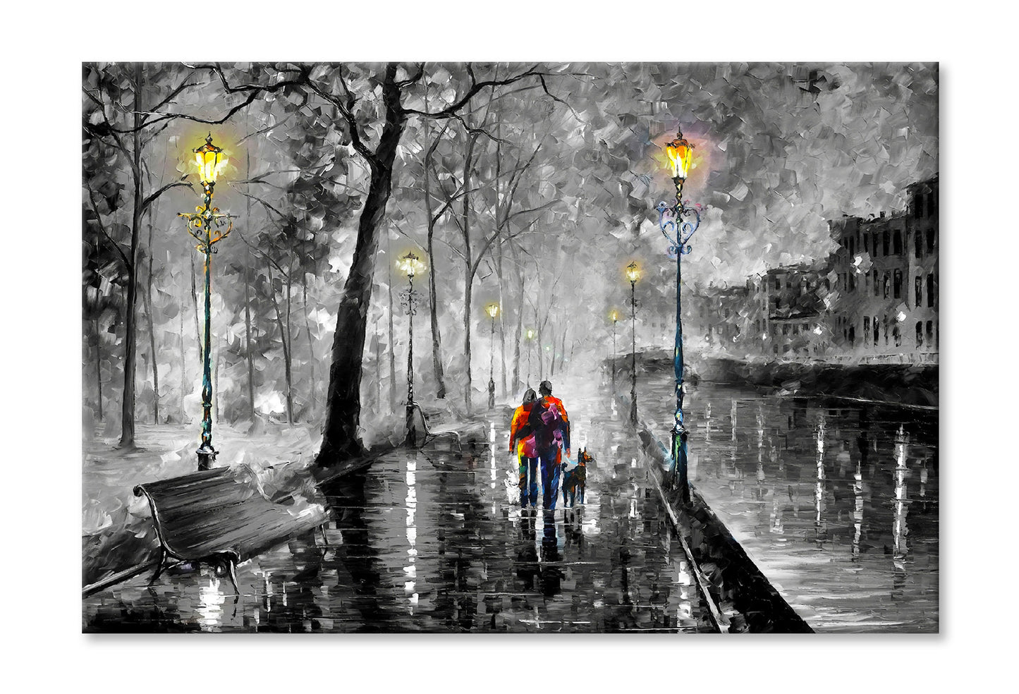 Couple with Dog Walking on B&W Street Night Watercolor Wall Art Limited Edition High Quality Print Stretched Canvas None