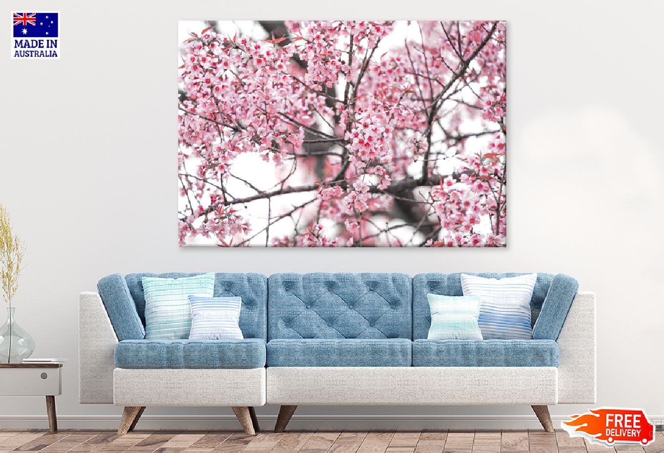 White Pink Prunus Flowers Branch Photograph Print 100% Australian Made