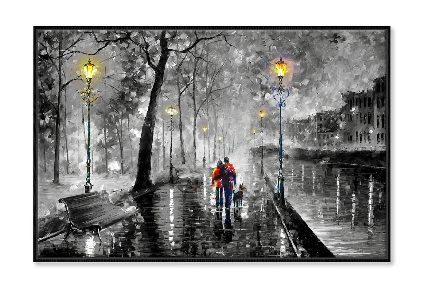 Couple with Dog Walking on B&W Street Night Watercolor Wall Art Limited Edition High Quality Print Canvas Box Framed Black