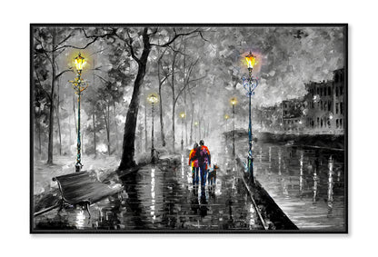 Couple with Dog Walking on B&W Street Night Watercolor Wall Art Limited Edition High Quality Print Canvas Box Framed Black