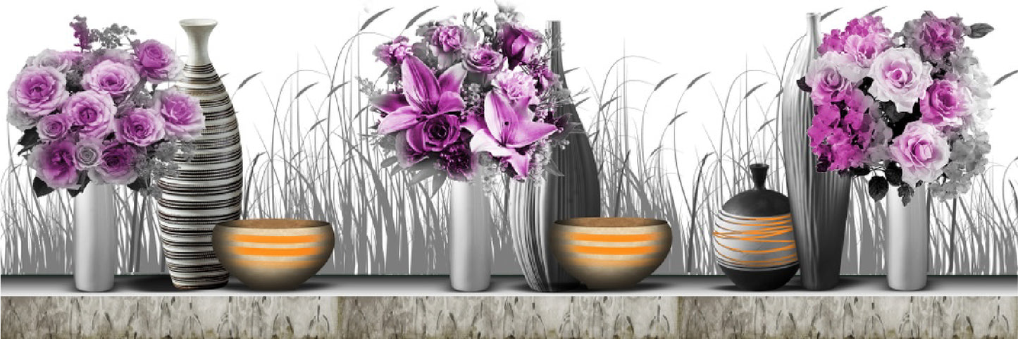 Panoramic Canvas Pink & Purple Flower Vases Digital Art High Quality 100% Australian Made Wall Canvas Print Ready to Hang