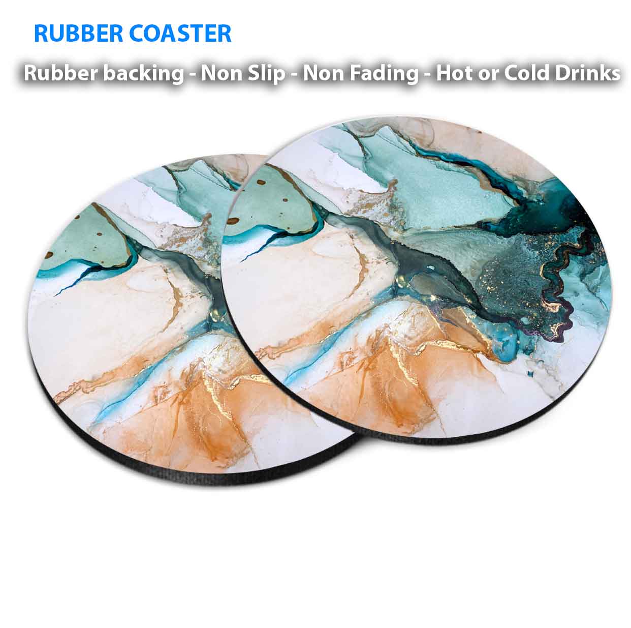 Blue Orange Liquid Abstract Design Coasters Wood & Rubber - Set of 6 Coasters