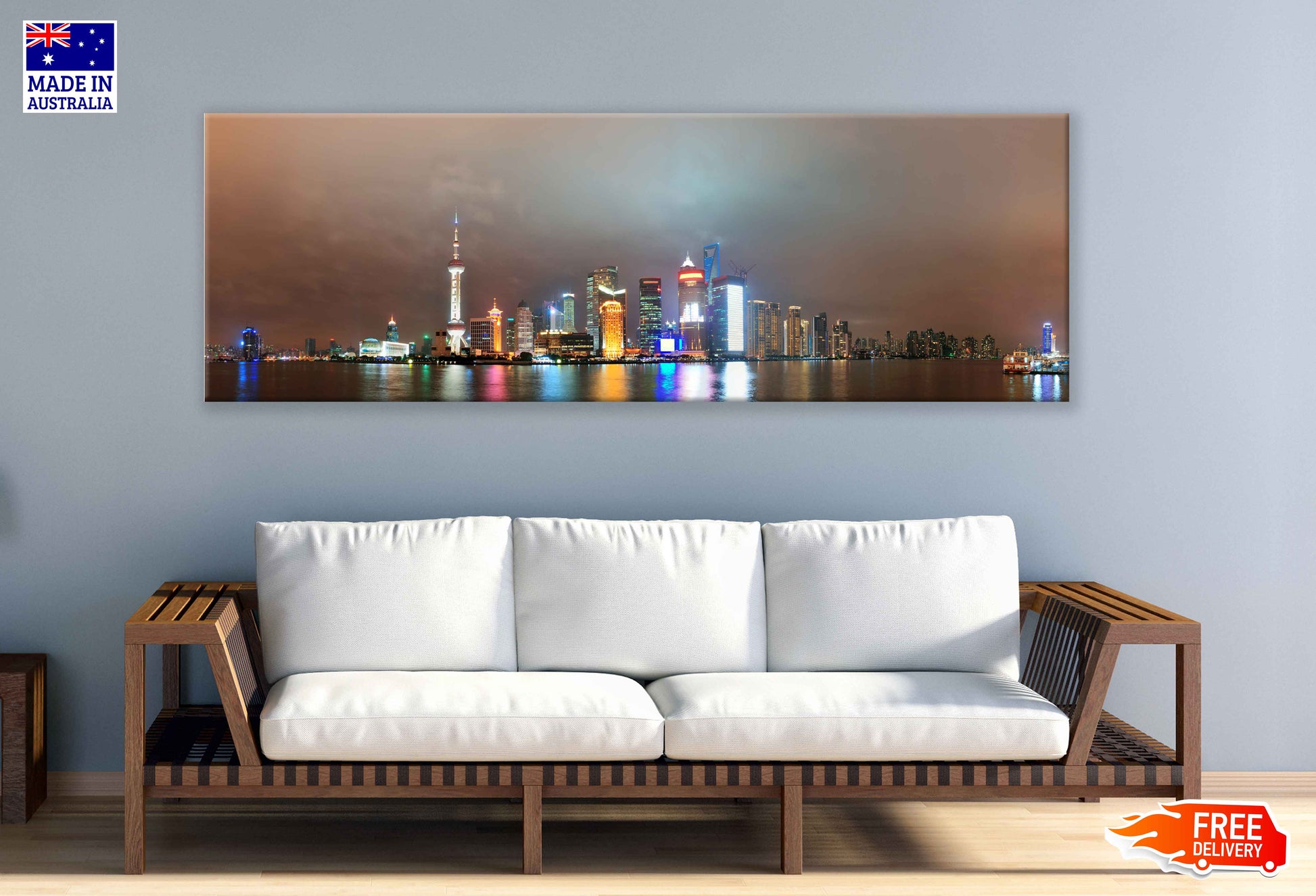 Panoramic Canvas Shanghai Night River & City Night View High Quality 100% Australian Made Wall Canvas Print Ready to Hang