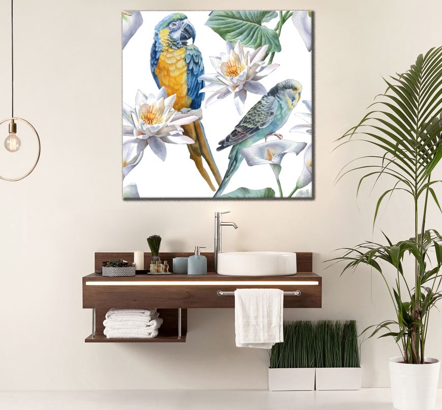 Square Canvas Macaw Bird & Love Bird with Flowers Painting High Quality Print 100% Australian Made