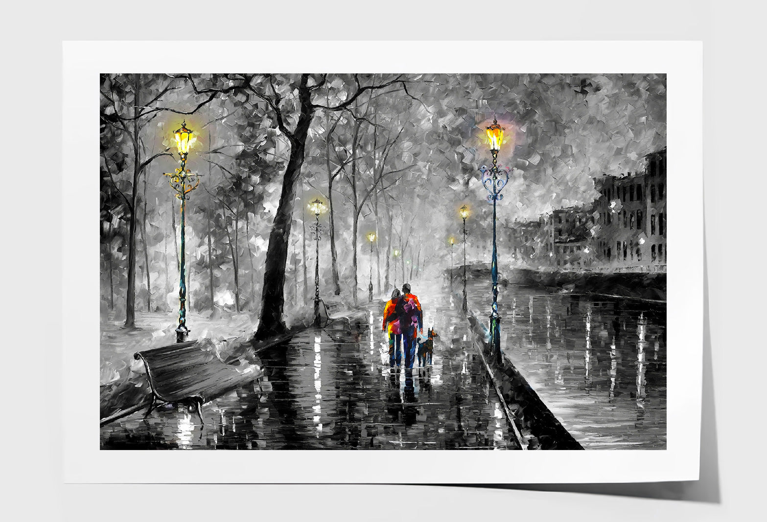 Couple with Dog Walking on B&W Street Night Watercolor Wall Art Limited Edition High Quality Print Unframed Roll Canvas None