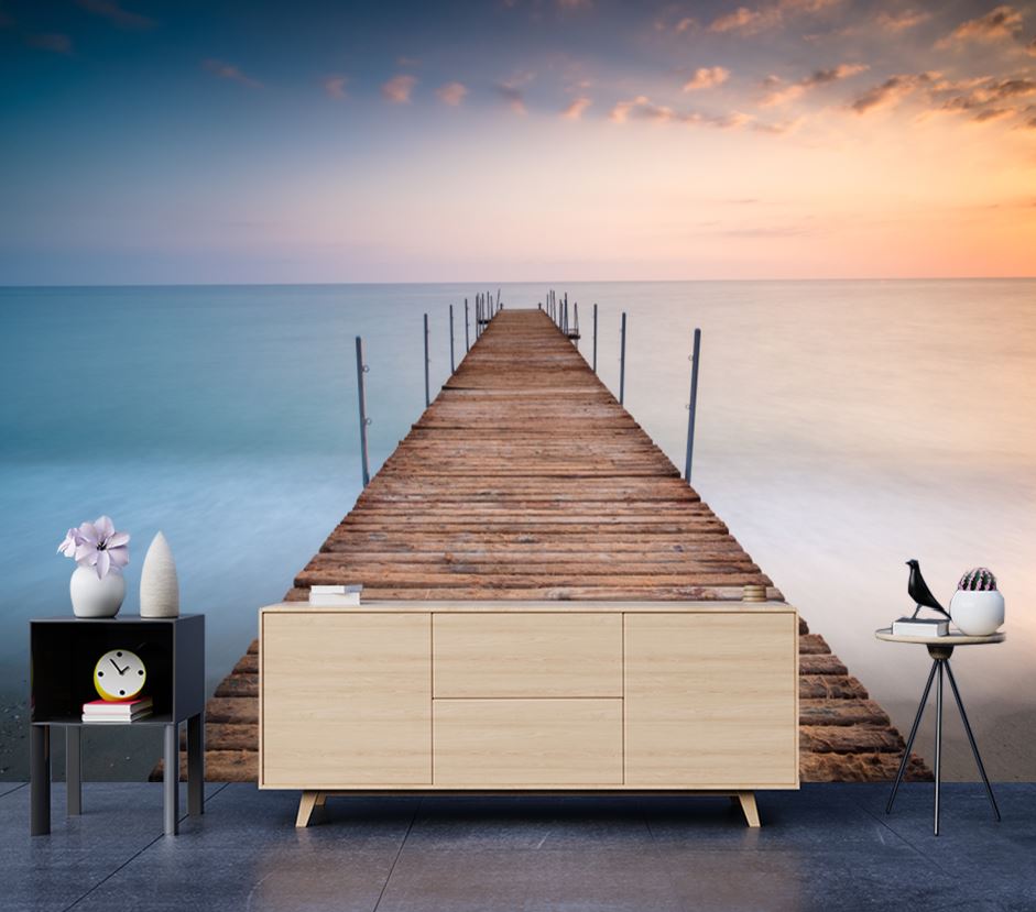 Wallpaper Murals Peel and Stick Removable Wooden Pier Over Lake High Quality