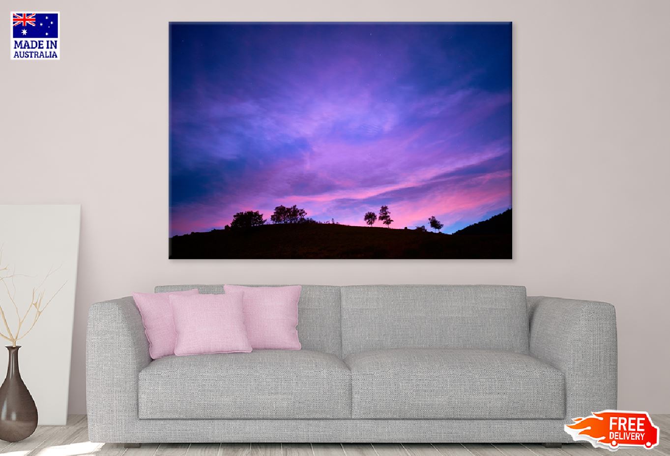 Trees on Hill Purple Sunset Sky Scenery Photograph Print 100% Australian Made