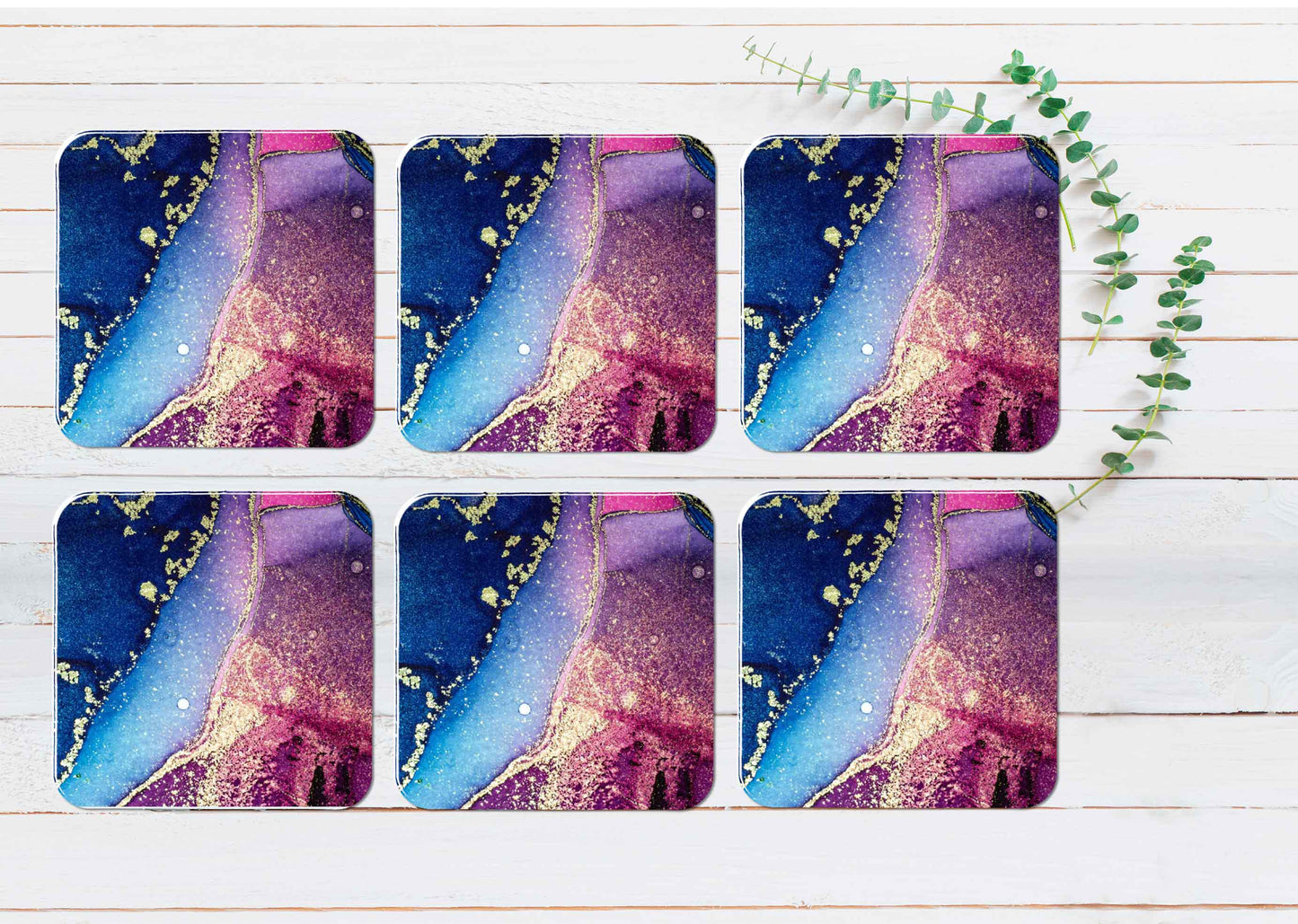 Blue Pink & Gold Splash Abstract Coasters Wood & Rubber - Set of 6 Coasters