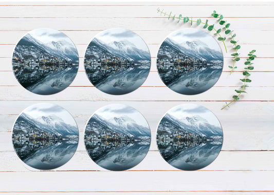 Norway Lake With Snow Coasters Wood & Rubber - Set of 6 Coasters